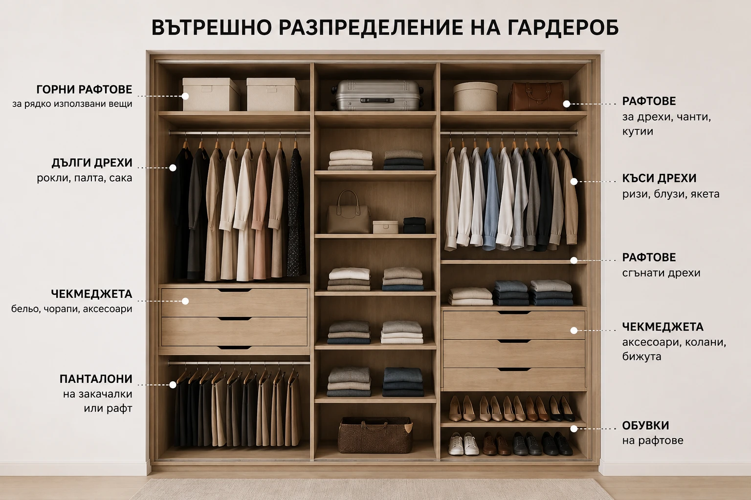 Вътрешно разпределение на гардероб по поръчка - рафтове, закачалки, чекмеджета и зона за обувки