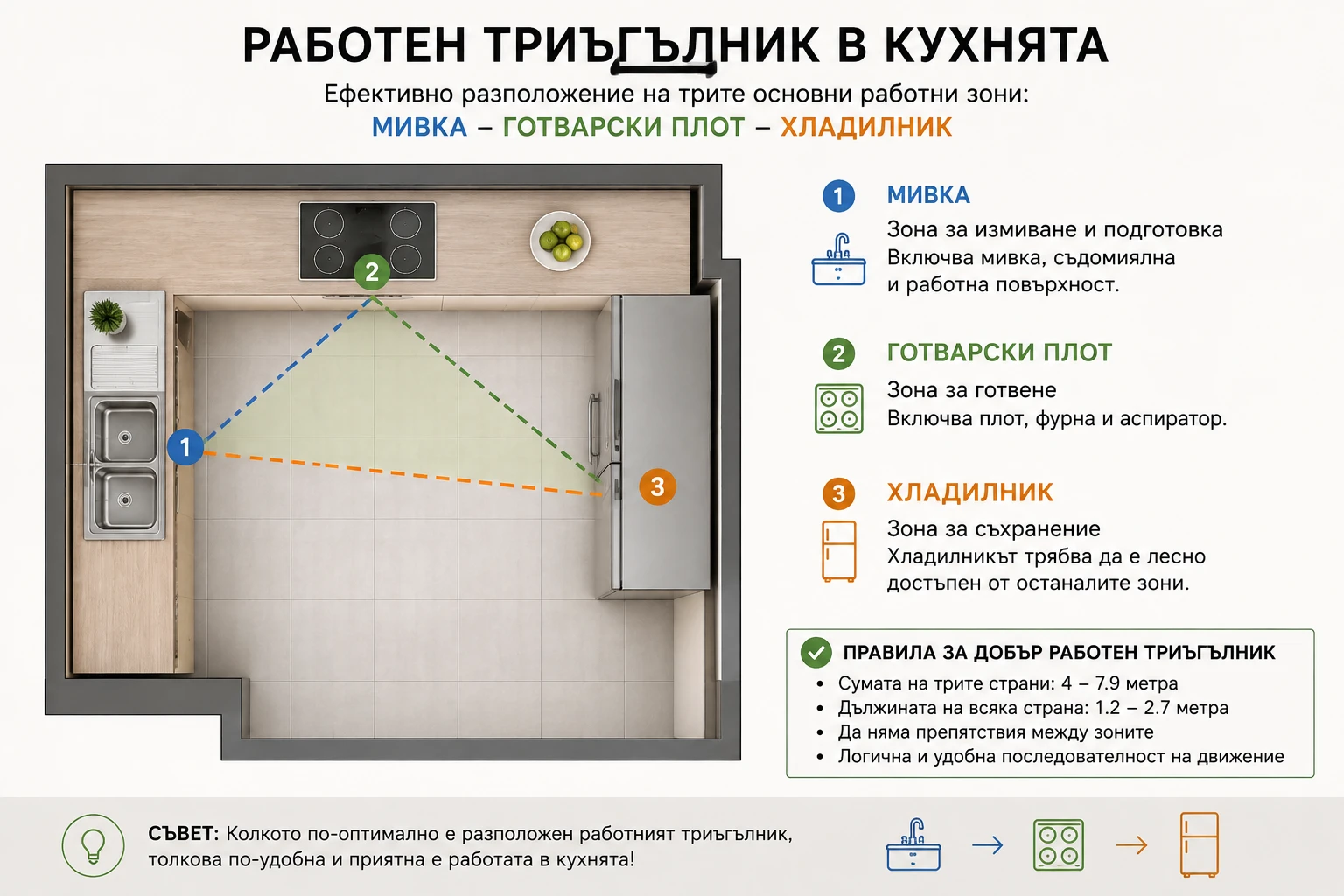 Работен триъгълник в кухнята - мивка, готварски плот и хладилник, разположени за максимална ефективност